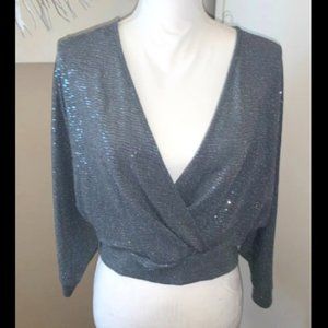 Beautiful Sparkly Faux Wrap Long Sleeve Crop Top